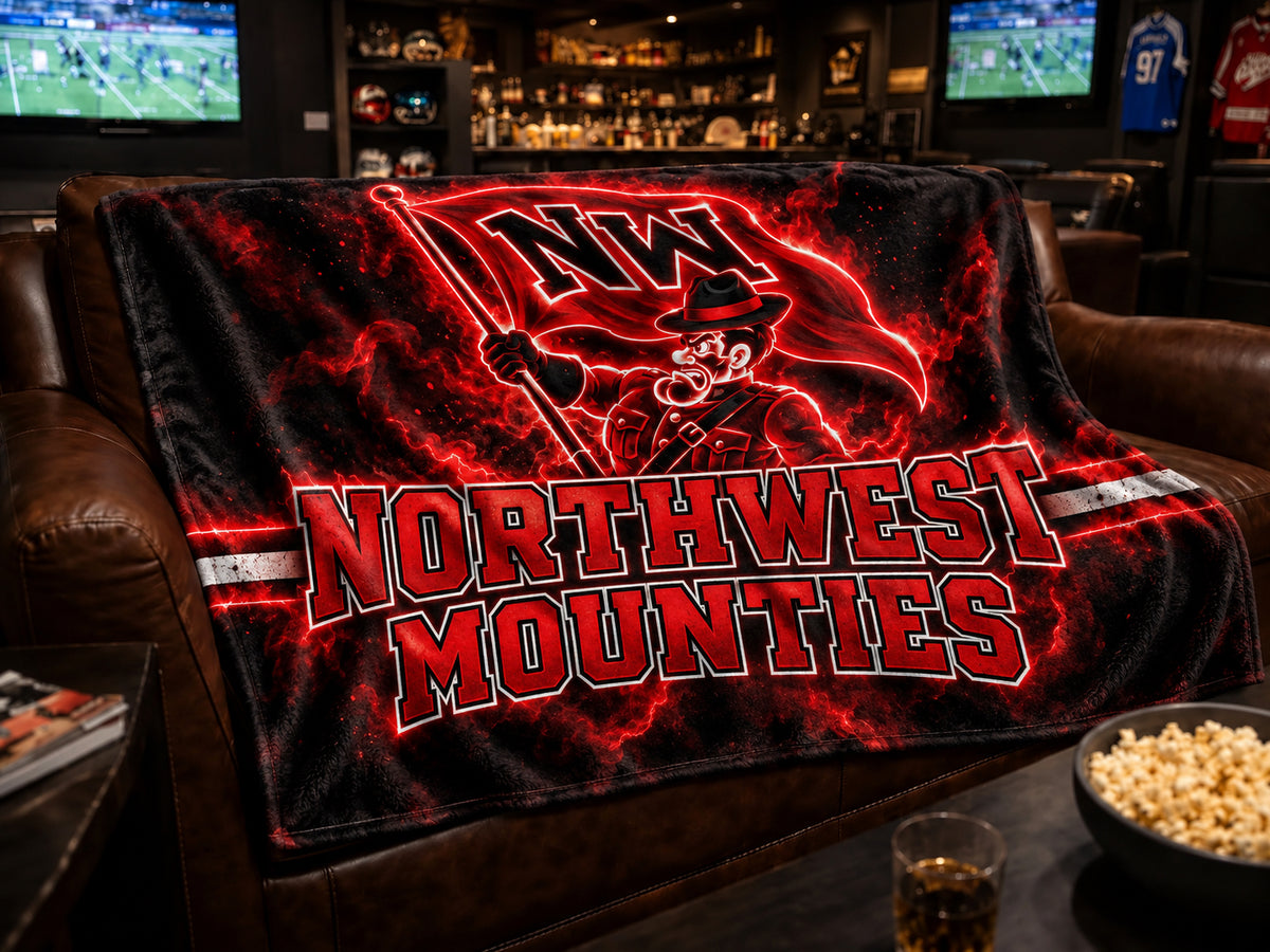 Red Glow Mountie blanket design, styled mockup