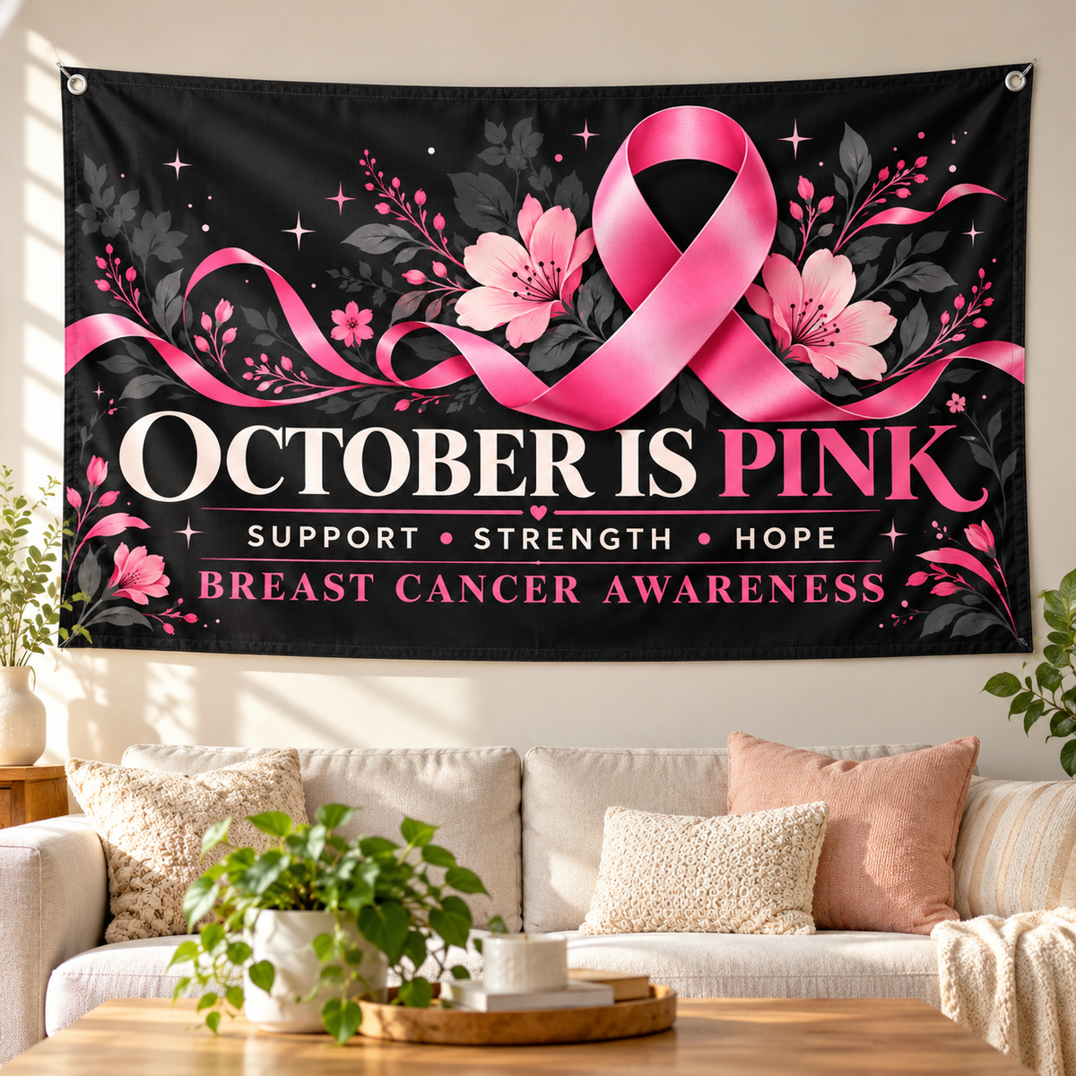 Realistic product mockup of October Is Pink Flag | 3×5 Breast Cancer Awareness displayed on a living room wall.