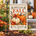 Personalized Autumn Pumpkin Garden Flag | 18 × 12 in shown on a garden flag stand — realistic product mockup
