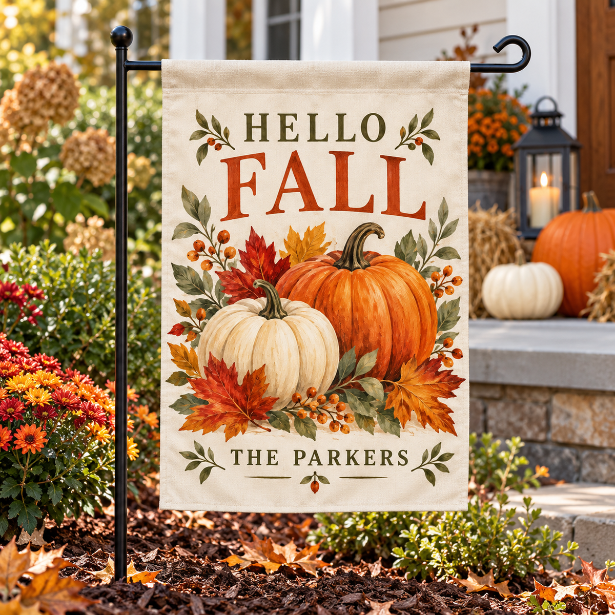 Personalized Autumn Pumpkin Garden Flag | 18 × 12 in shown on a garden flag stand — realistic product mockup