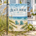 Personalized Beach House Garden Flag | 18 × 12 in shown on a garden flag stand — realistic product mockup