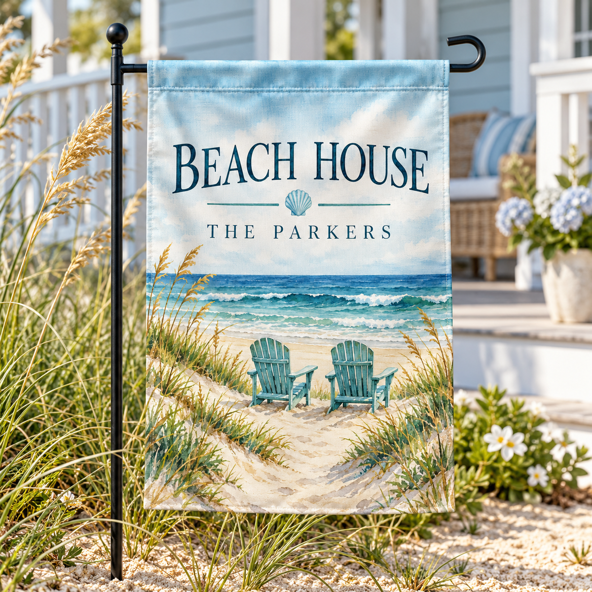 Personalized Beach House Garden Flag | 18 × 12 in shown on a garden flag stand — realistic product mockup
