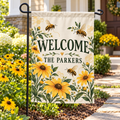 Personalized Bee Garden Welcome Flag | 18 × 12 in shown on a garden flag stand — realistic product mockup