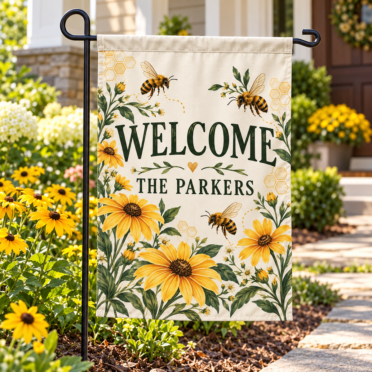 Personalized Bee Garden Welcome Flag | 18 × 12 in shown on a garden flag stand — realistic product mockup