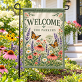 Personalized Butterfly & Wildflower Garden Flag | 18 × 12 in shown on a garden flag stand — realistic product mockup