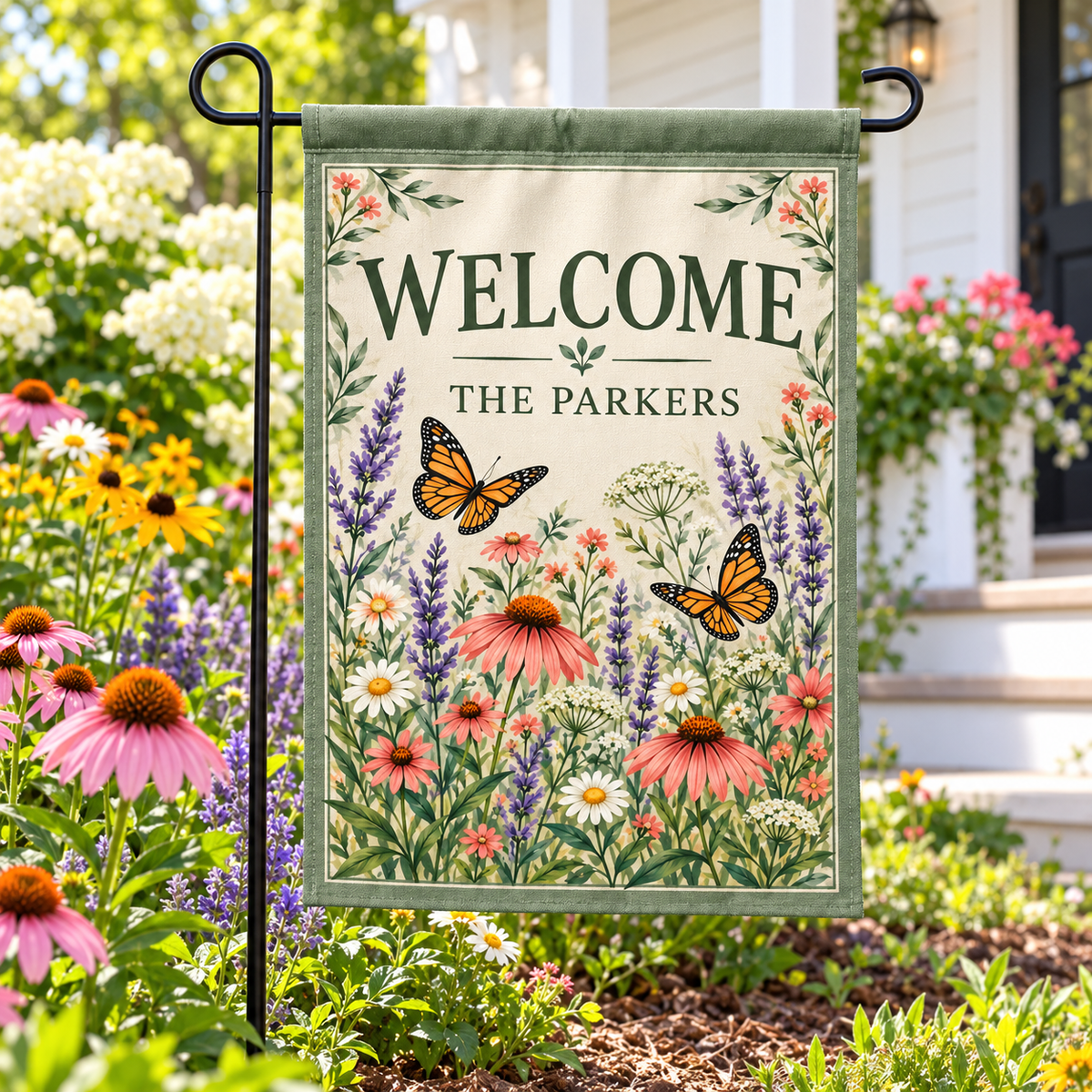 Personalized Butterfly & Wildflower Garden Flag | 18 × 12 in shown on a garden flag stand — realistic product mockup