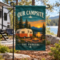 Personalized Camping & RV Garden Flag | 18 × 12 in shown on a garden flag stand — realistic product mockup