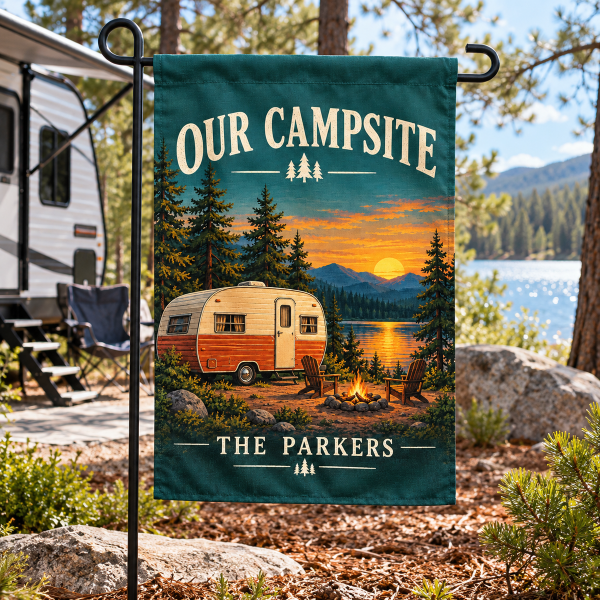 Personalized Camping & RV Garden Flag | 18 × 12 in shown on a garden flag stand — realistic product mockup
