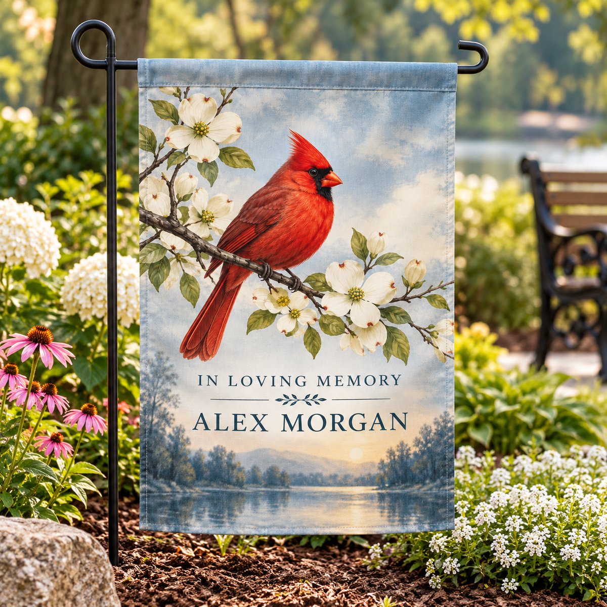 Personalized Cardinal Memorial Garden Flag | 18 × 12 in shown on a garden flag stand — realistic product mockup