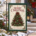 Personalized Christmas Evergreen Garden Flag | 18 × 12 in shown on a garden flag stand — realistic product mockup