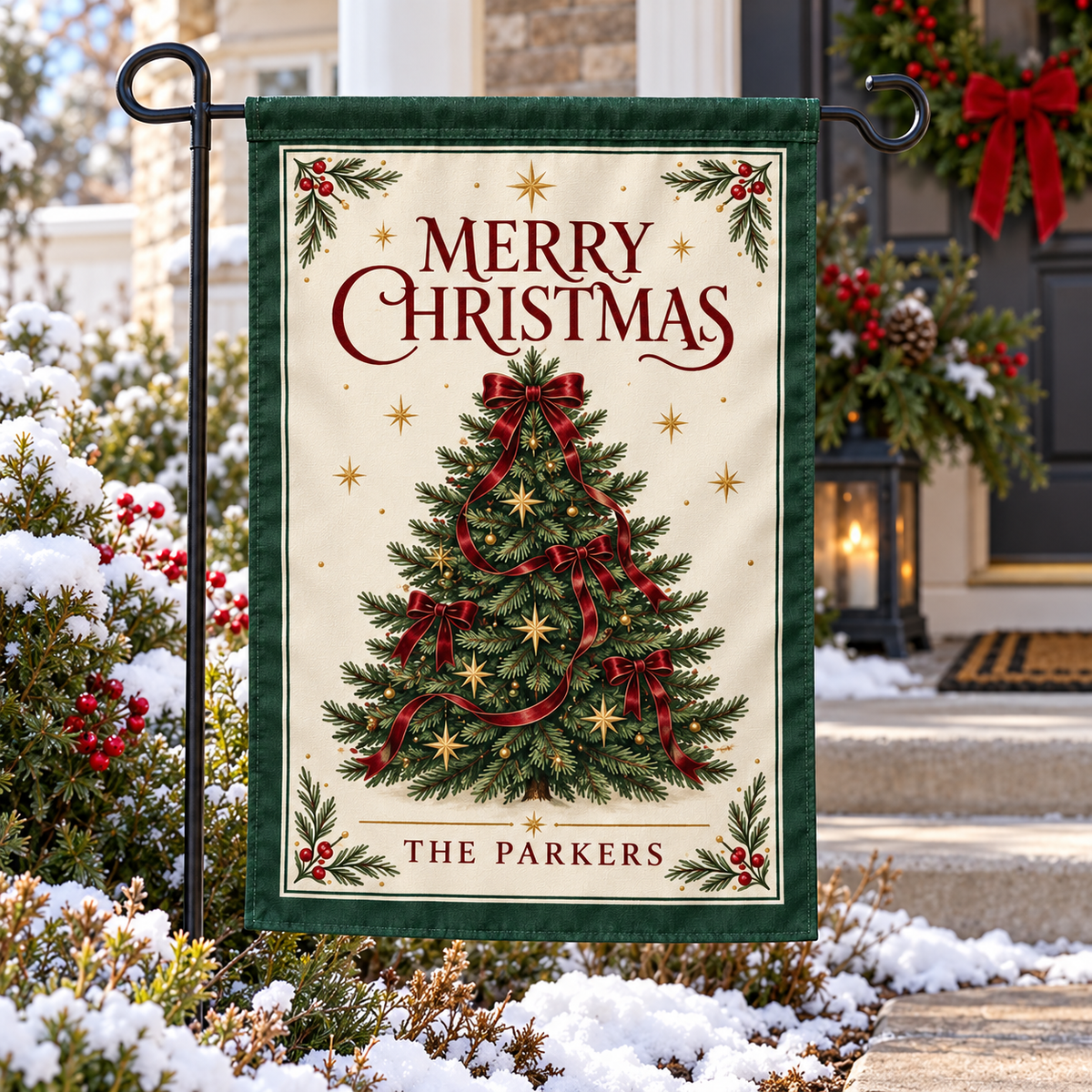 Personalized Christmas Evergreen Garden Flag | 18 × 12 in shown on a garden flag stand — realistic product mockup
