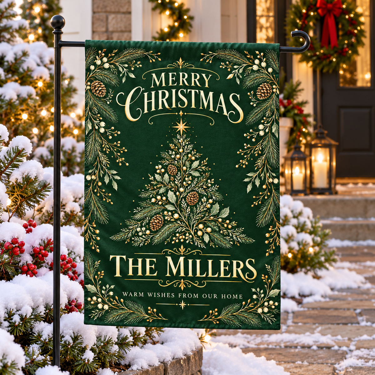Personalized Christmas Garden Flag | Family Name Evergreen shown on a garden flag stand — realistic product mockup