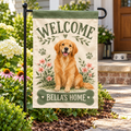 Personalized Dog Lover Welcome Garden Flag | 18 × 12 in shown on a garden flag stand — realistic product mockup