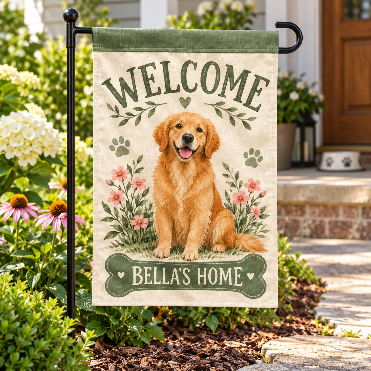 Personalized Dog Lover Welcome Garden Flag | 18 × 12 in shown on a garden flag stand — realistic product mockup