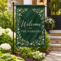 Personalized Family Garden Flag | 18 × 12 in shown on a garden flag stand — realistic product mockup