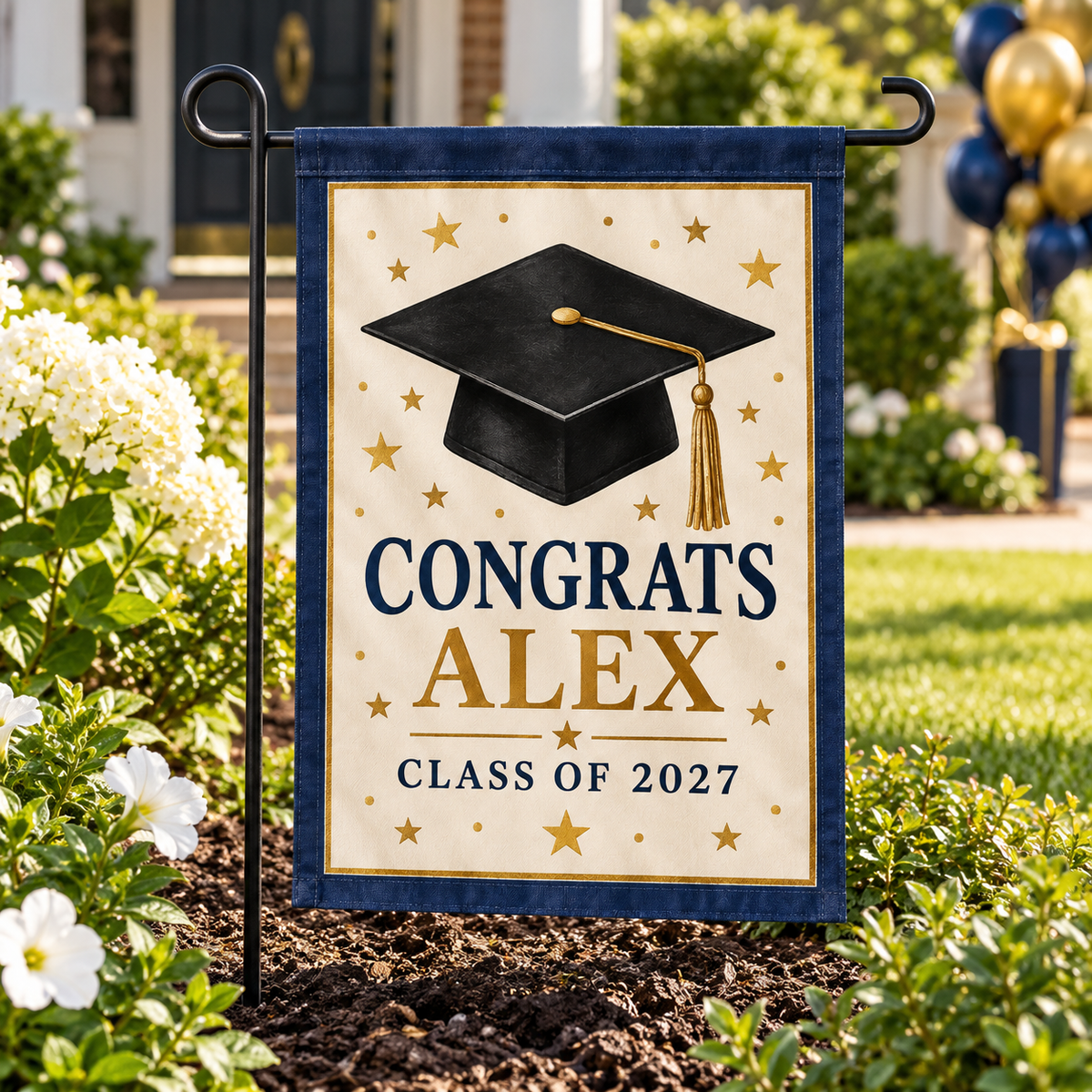 Personalized Graduation Garden Flag | 18 × 12 in shown on a garden flag stand — realistic product mockup