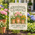 Personalized Grandma's Garden Flag | 18 × 12 in shown on a garden flag stand — realistic product mockup