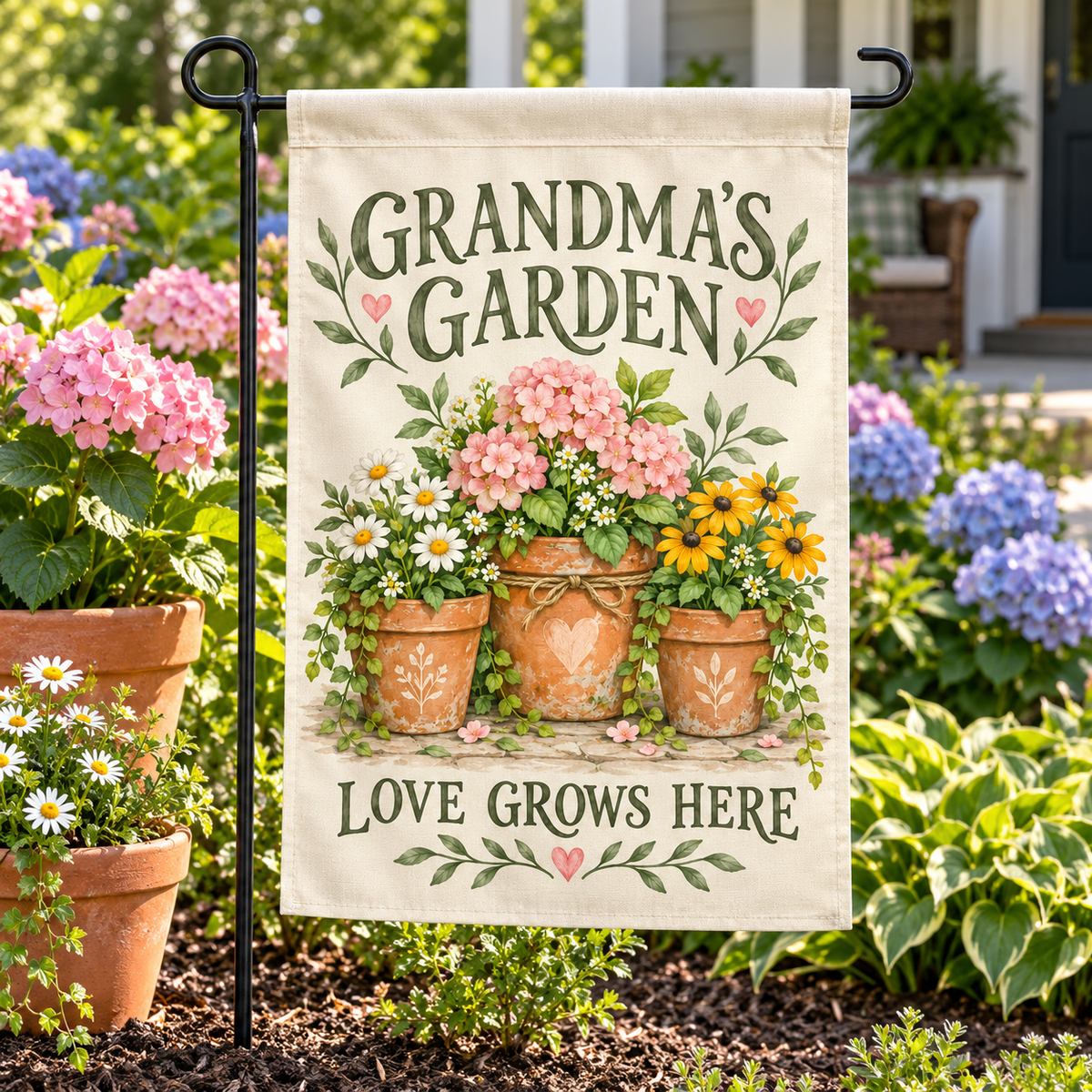 Personalized Grandma's Garden Flag | 18 × 12 in shown on a garden flag stand — realistic product mockup
