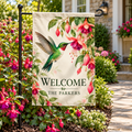 Personalized Hummingbird Garden Flag | 18 × 12 in shown on a garden flag stand — realistic product mockup