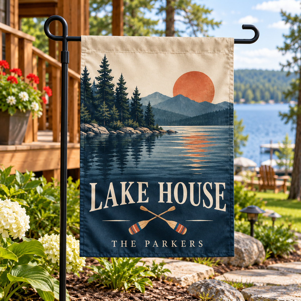 Personalized Lake House Garden Flag | 18 × 12 in shown on a garden flag stand — realistic product mockup