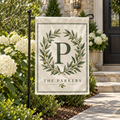 Personalized Monogram Garden Flag | 18 × 12 in shown on a garden flag stand — realistic product mockup