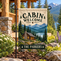 Personalized Mountain Cabin Garden Flag | 18 × 12 in shown on a garden flag stand — realistic product mockup