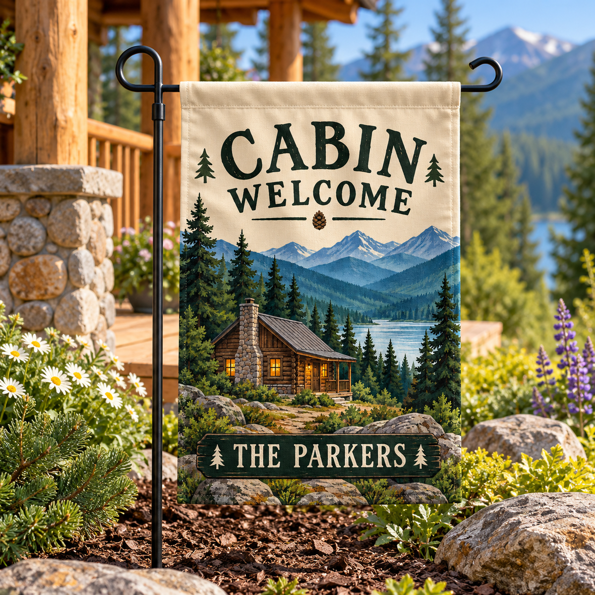 Personalized Mountain Cabin Garden Flag | 18 × 12 in shown on a garden flag stand — realistic product mockup