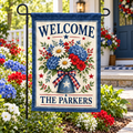 Personalized Patriotic Floral Garden Flag | 18 × 12 in shown on a garden flag stand — realistic product mockup