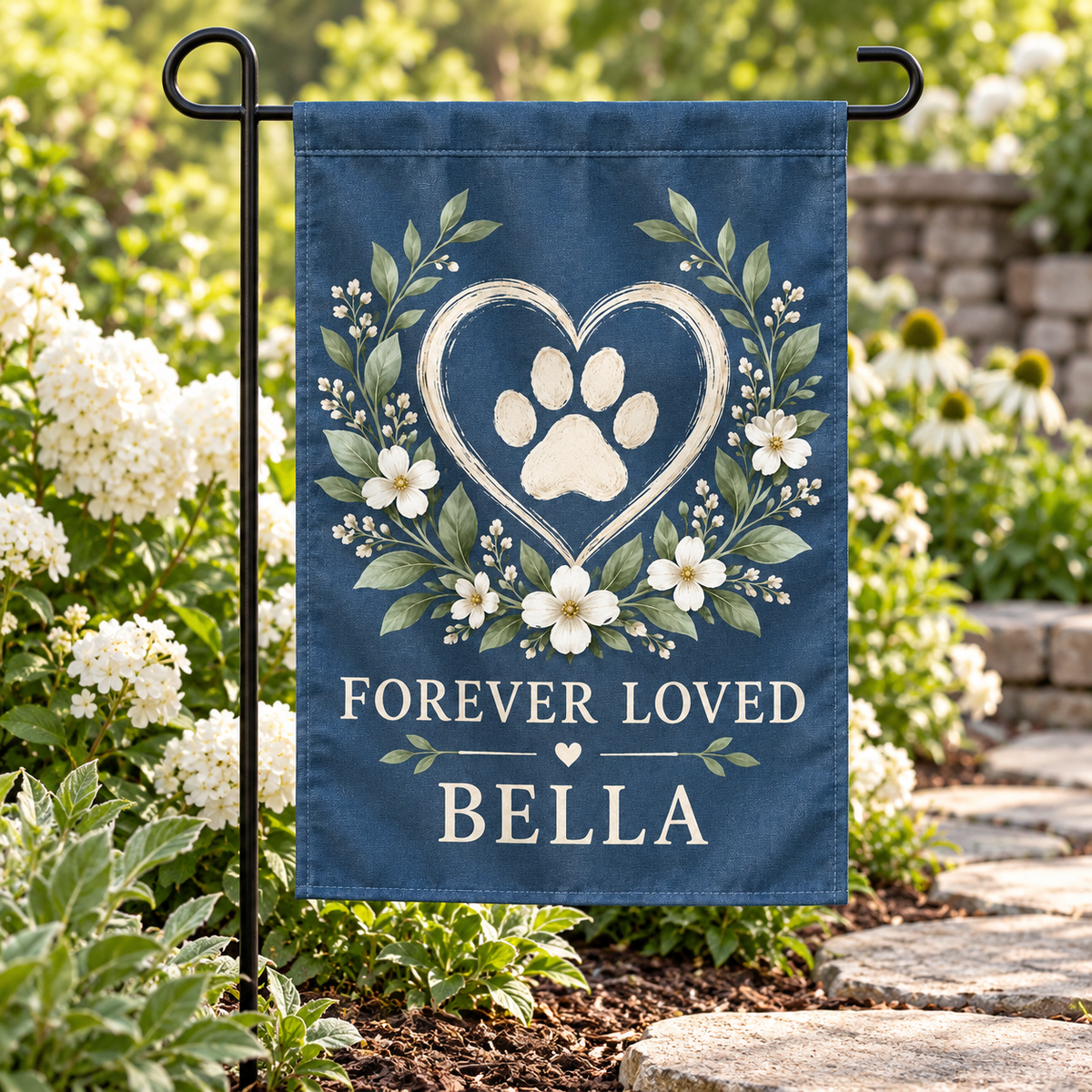Personalized Pet Memorial Garden Flag | 18 × 12 in shown on a garden flag stand — realistic product mockup