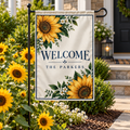 Personalized Sunflower Welcome Garden Flag | 18 × 12 in shown on a garden flag stand — realistic product mockup