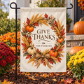 Personalized Thanksgiving Garden Flag | 18 × 12 in shown on a garden flag stand — realistic product mockup