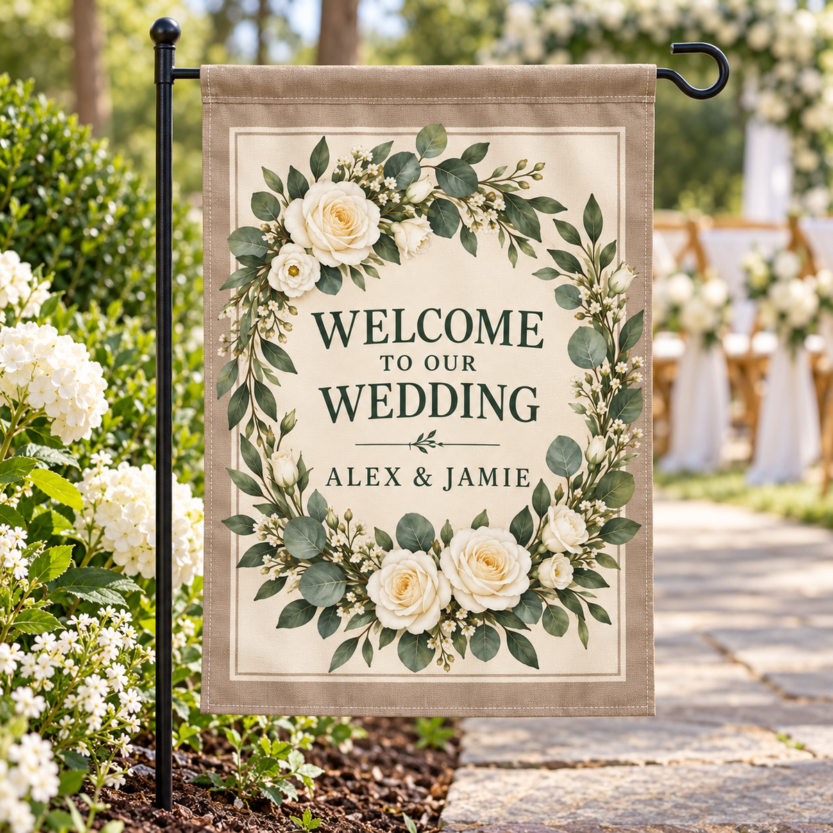 Personalized Wedding Welcome Garden Flag | 18 × 12 in shown on a garden flag stand — realistic product mockup