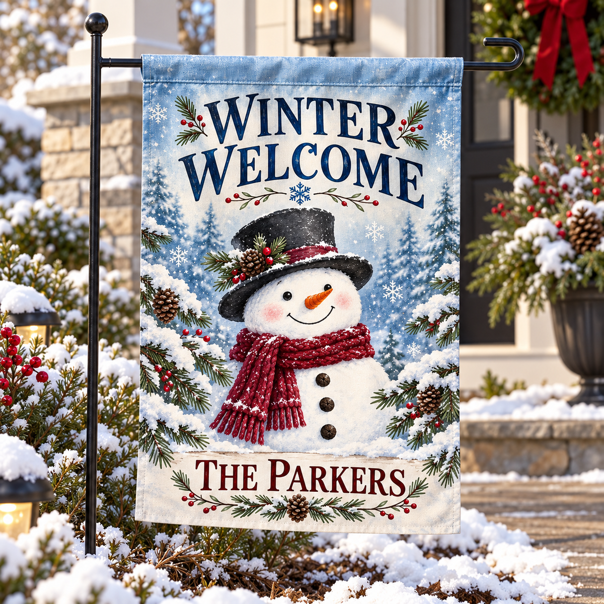 Personalized Winter Snowman Garden Flag | 18 × 12 in shown on a garden flag stand — realistic product mockup