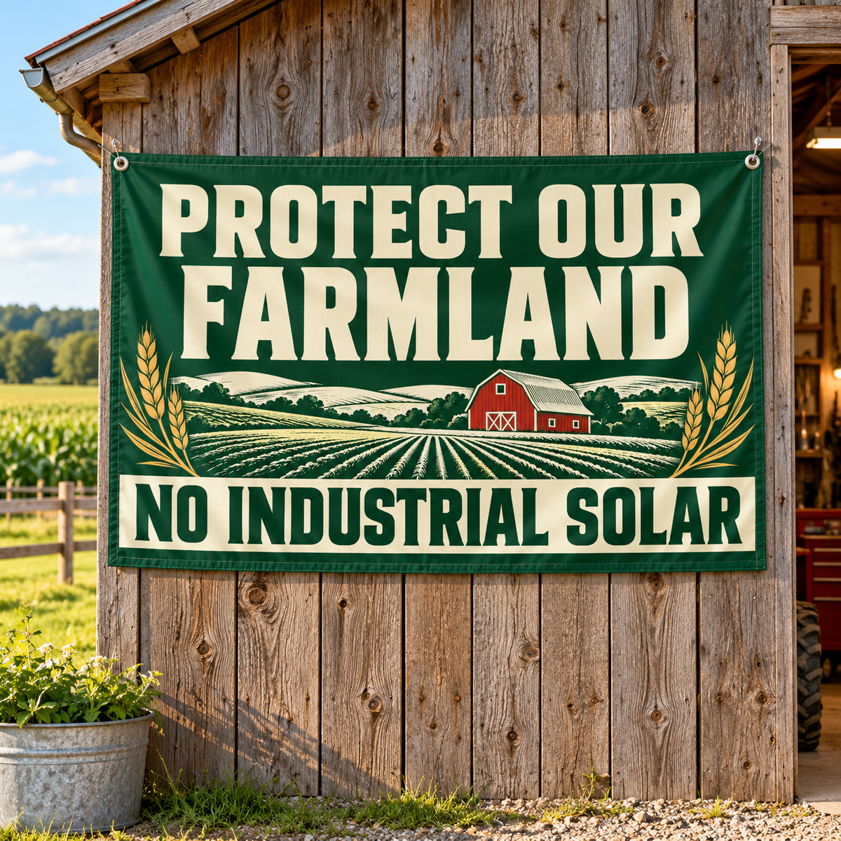 Protect Our Farmland Flag | No Industrial Solar | 3×5 ft shown hanging on a wall — realistic product mockup