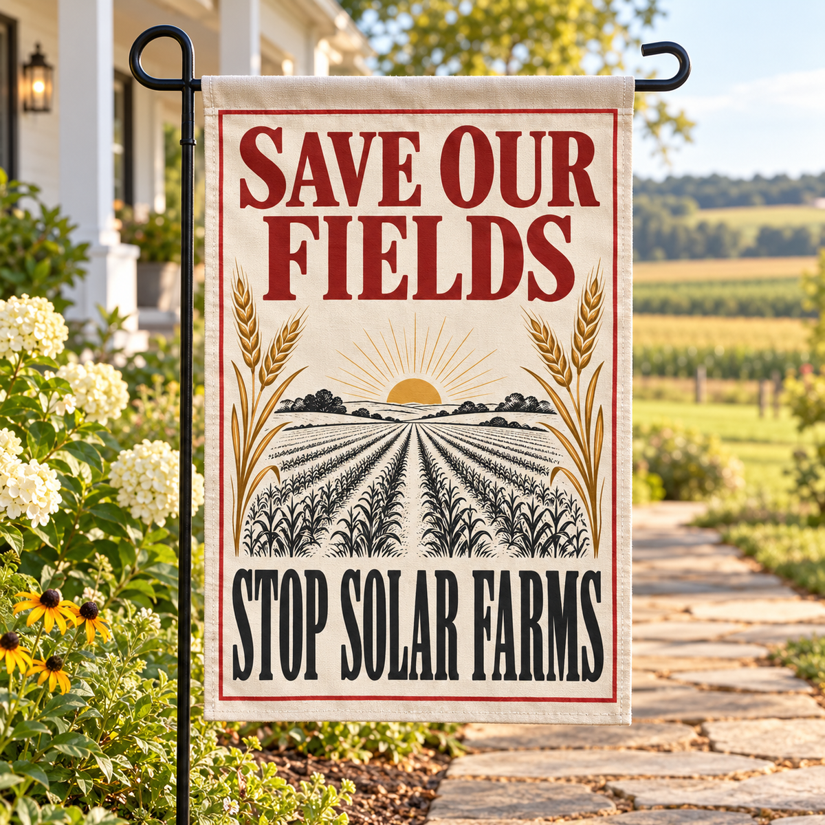 Save Our Fields Garden Flag | Stop Solar Farms shown on a garden flag stand — realistic product mockup