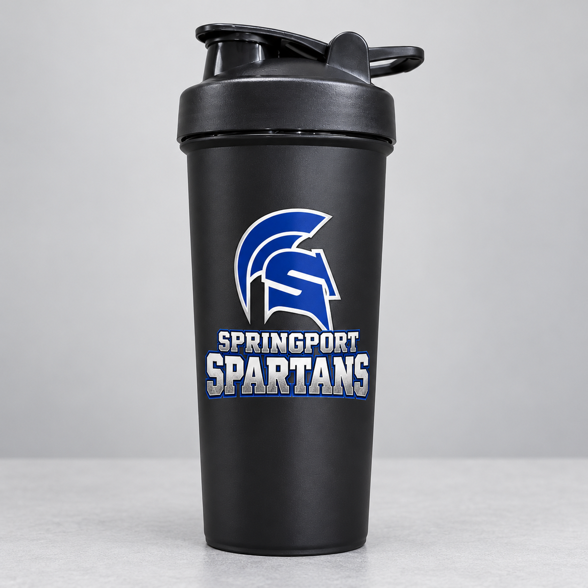 Springport Spartans black shaker cup — one cup shown from the bulk pack of 120