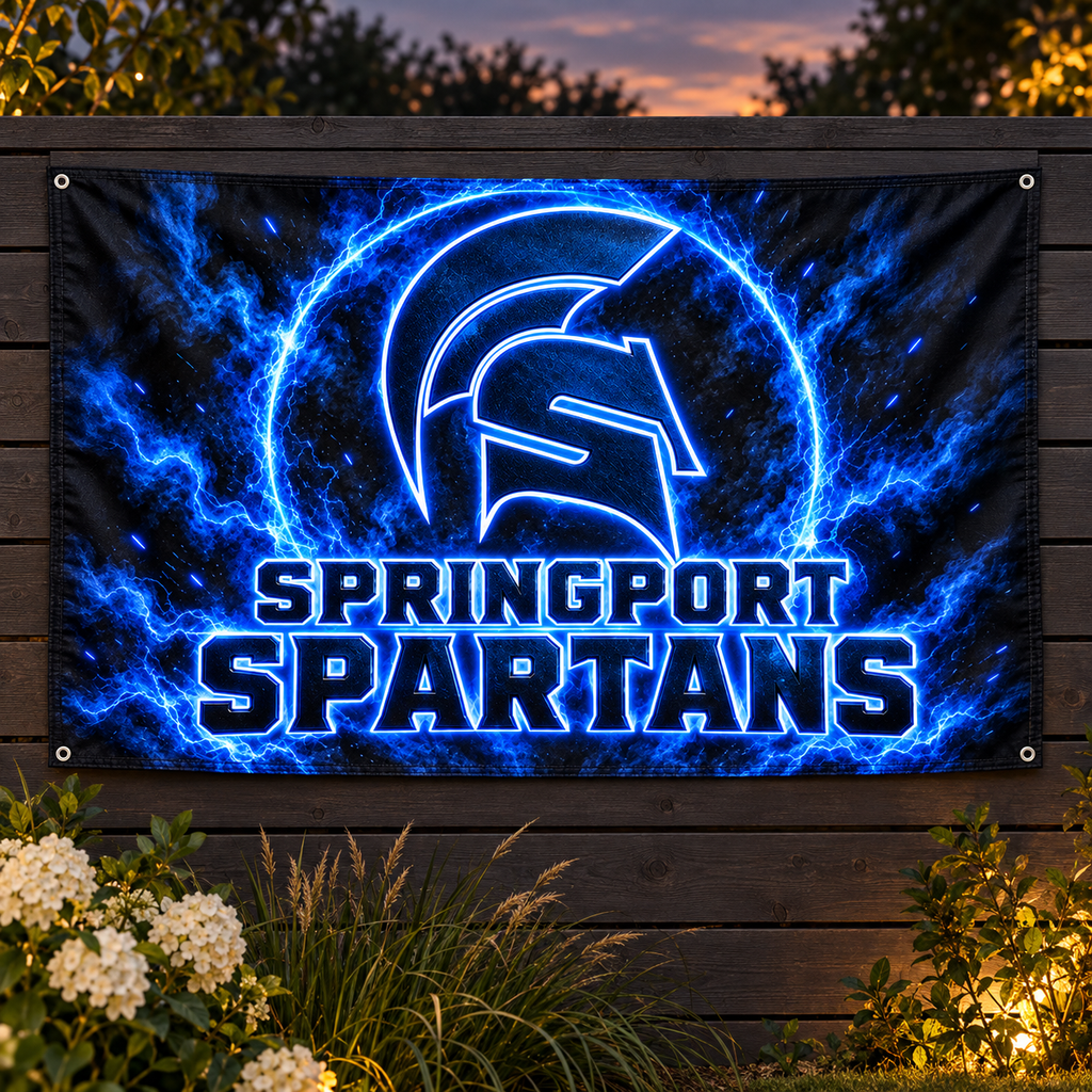Springport Spartans Blue Glow printed flag displayed on a garden fence
