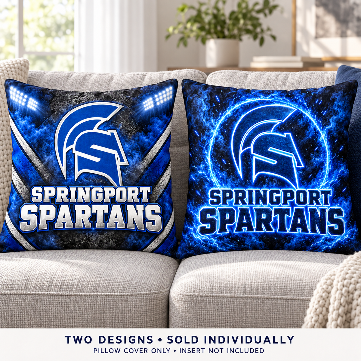 Springport Spartans Spartan Pride and Blue Glow pillow cover choices, sold individually without inserts