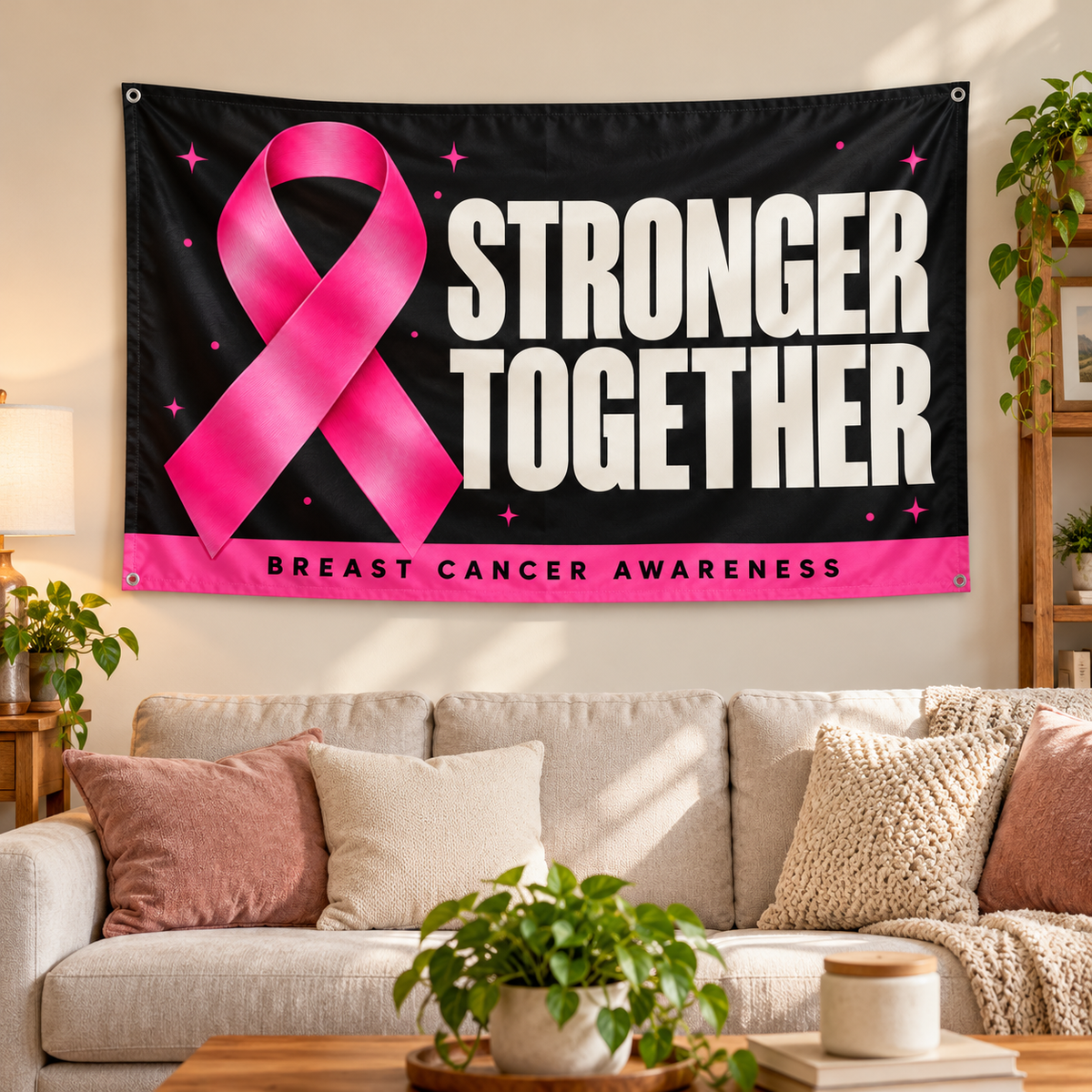 Stronger Together Pink Ribbon Flag | 3×5 Breast Cancer Awareness shown hanging on a wall — realistic product mockup