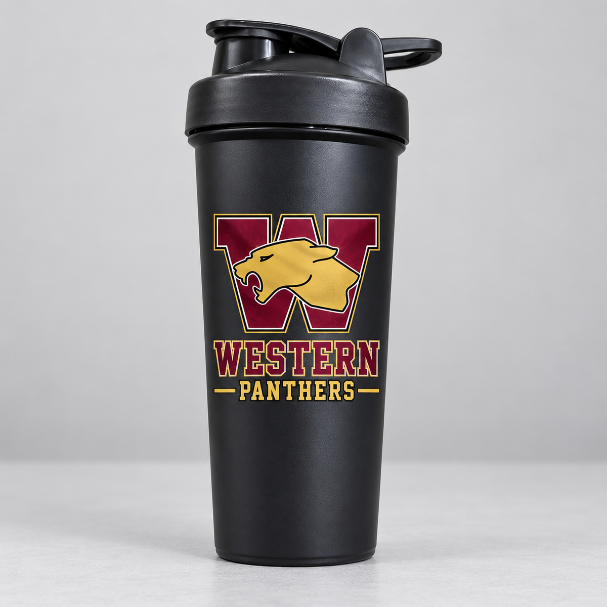 Western Panthers black shaker cup — one cup shown from the bulk pack of 120