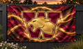 Western Panthers Gold Glow Panther printed flag with maroon W and gold panther logo on a garden fence