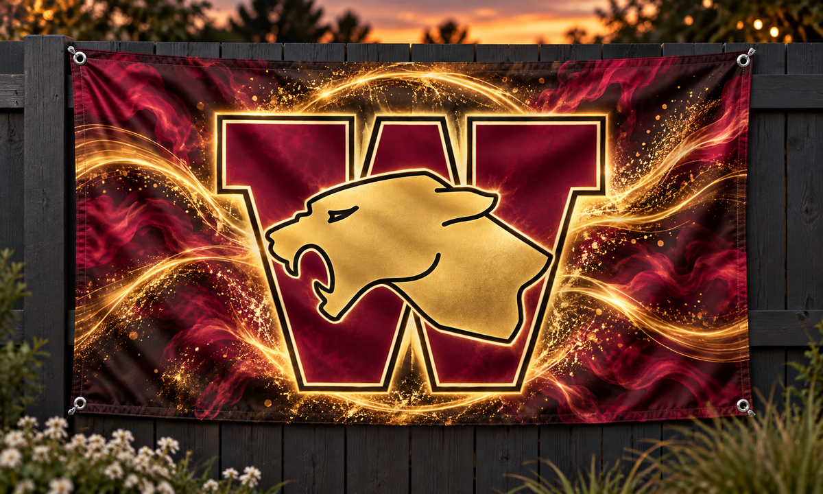 Western Panthers Gold Glow Panther printed flag with maroon W and gold panther logo on a garden fence