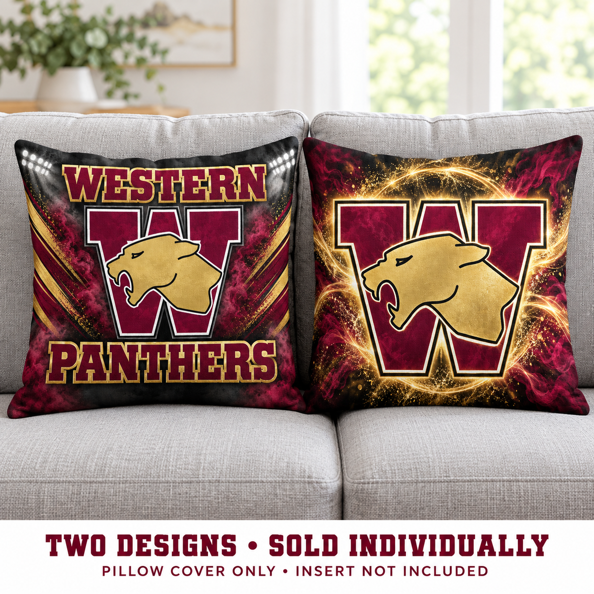 Western Panthers Panther Pride and Gold Glow pillow covers in maroon and gold, sold individually without inserts