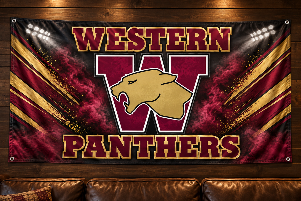 Western Panthers Panther Pride fabric banner in maroon and gold on a game room wall