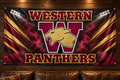 Western Panthers Panther Pride fabric banner in maroon and gold on a game room wall