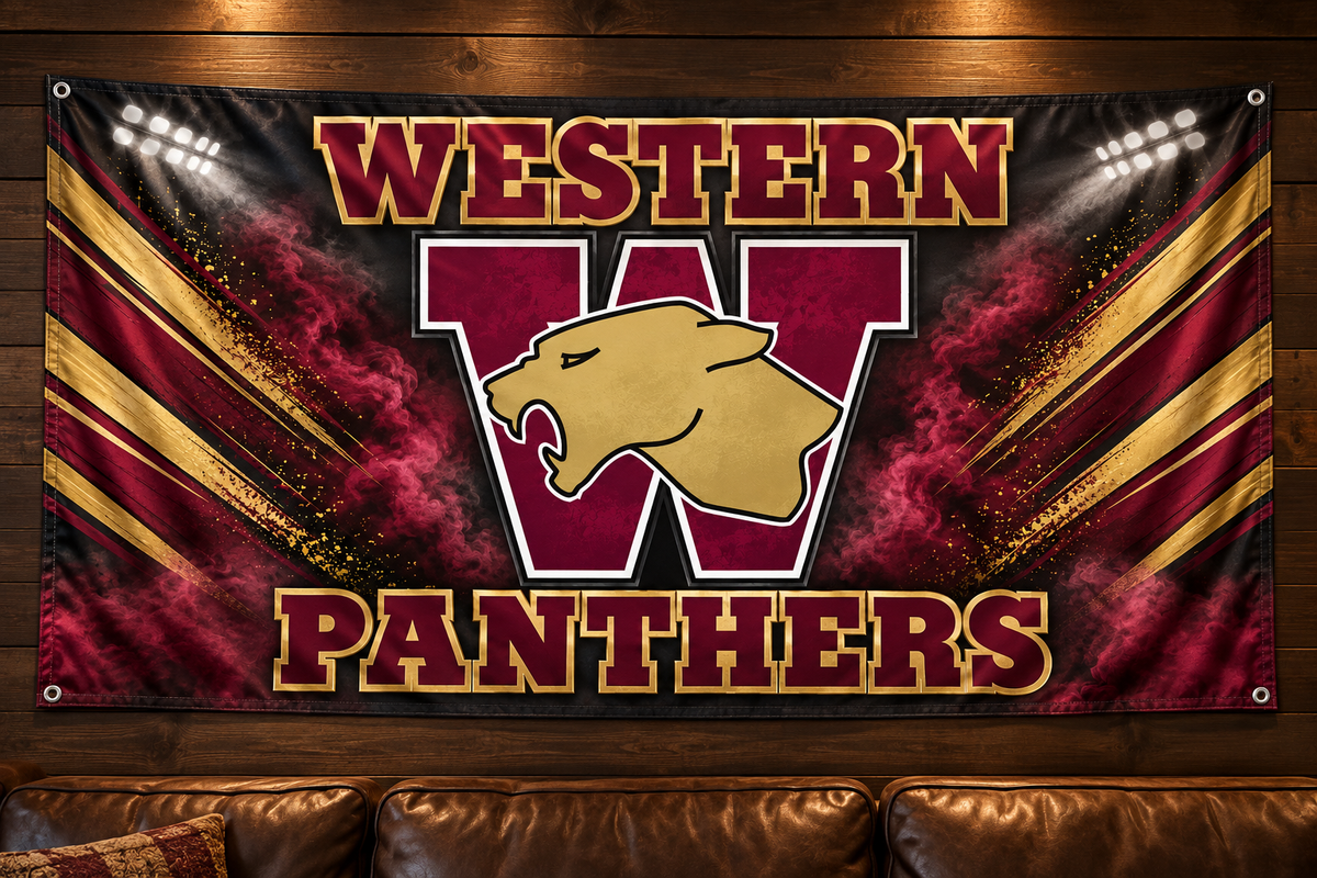 Western Panthers Panther Pride fabric banner in maroon and gold on a game room wall