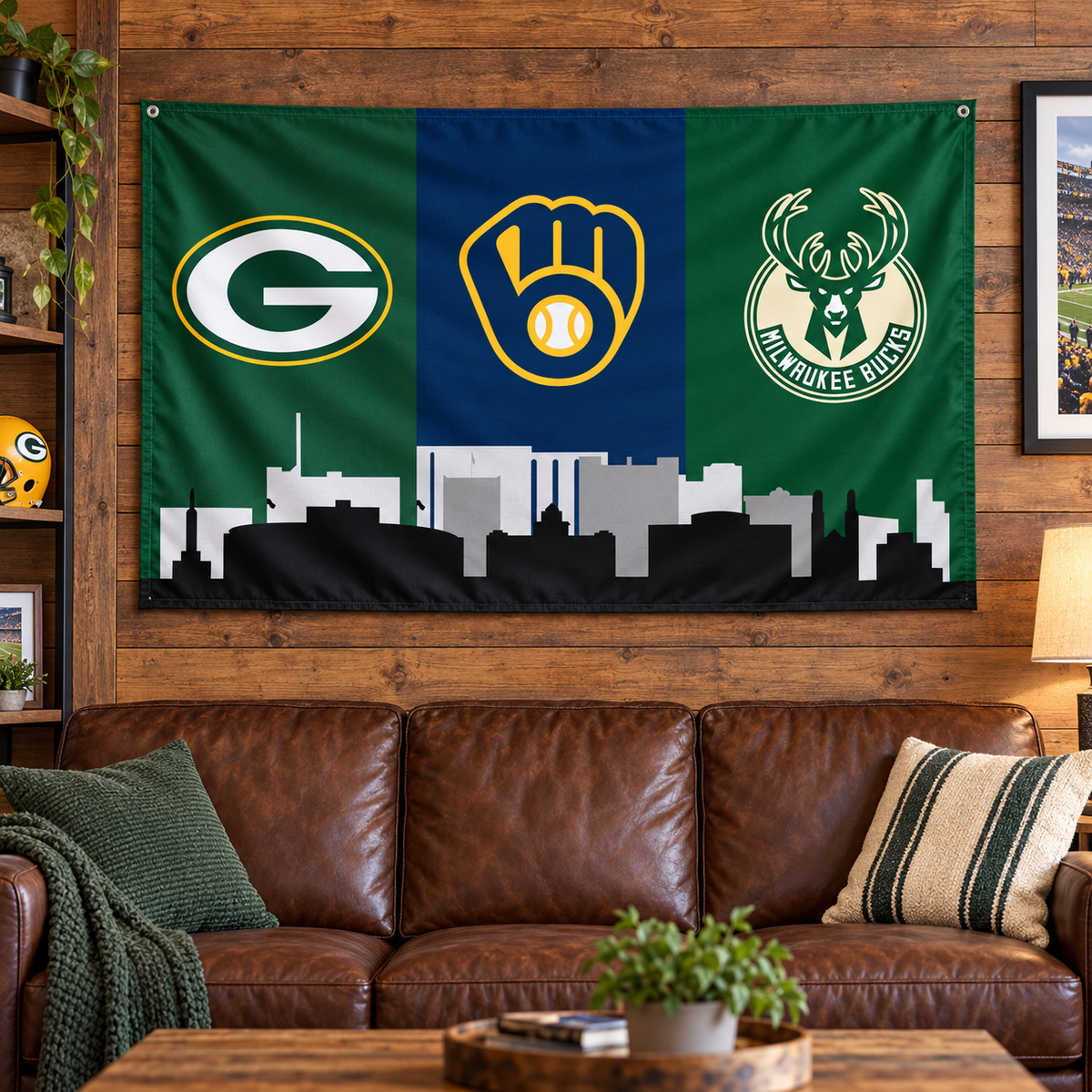 Wisconsin Sports Flag – Packers, Brewers & Bucks | 3×5 Skyline Flag shown hanging on a wall — realistic product mockup