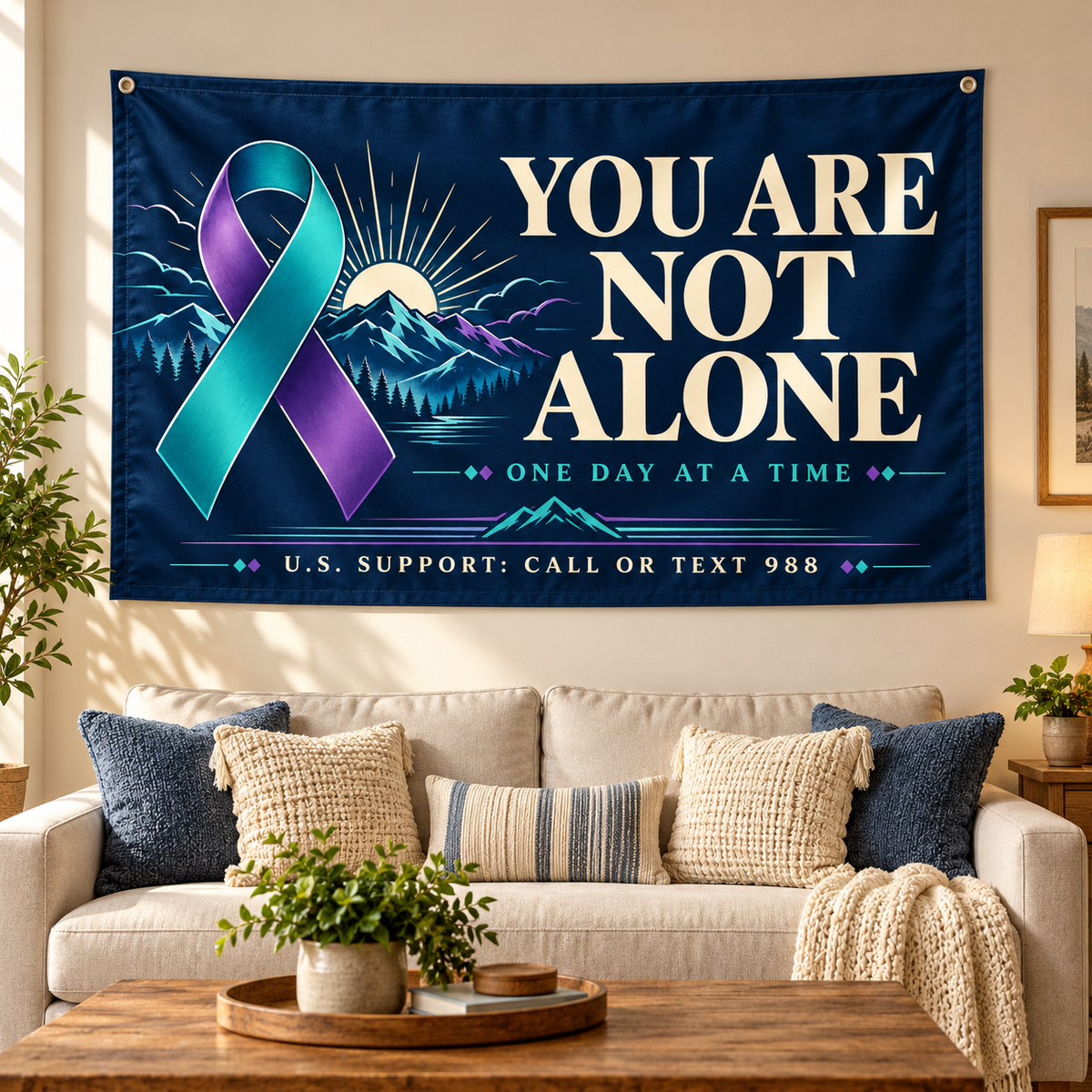 You Are Not Alone Flag | 988 Suicide Prevention | 3×5 ft shown hanging on a wall — realistic product mockup